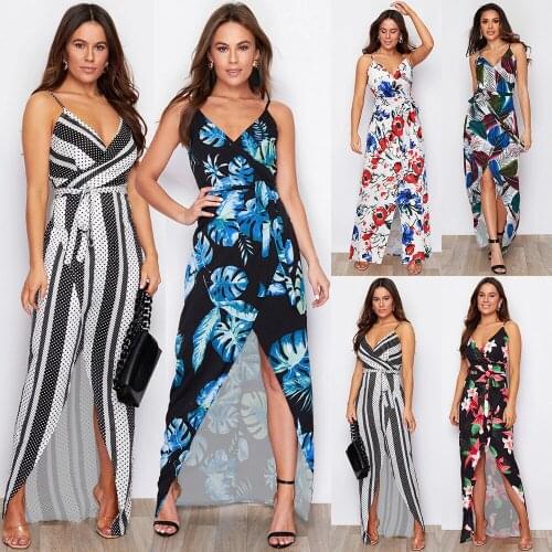 Sexy Dress Floral Print Sling V Neck Asymmetrical Split Bohemian Long Dress Summer Spaghetti Strap Beach Holiday Vestidos Mujer