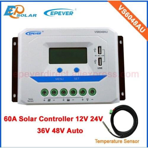 Lcd display solar controller with dual USB port design VS6048AU 60A temperature sensor 12V 24V 36V 48V auto work EPEVER/EPsolar