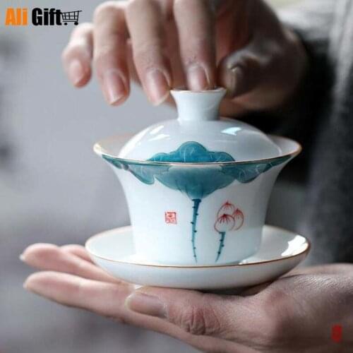 175ml Gaiwan Ceramic Tea Bowl Lid Saucer Set Lotus Teapot Master Cup Exquisite Tea Tureen Kung Fu Tea Teaware Drinkware As Gift