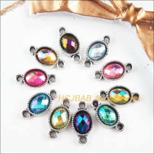 40 New Oval Charms Tibetan Silver Tone Flower Acrylic Mixed AB Connectors 8.5x16.5mm