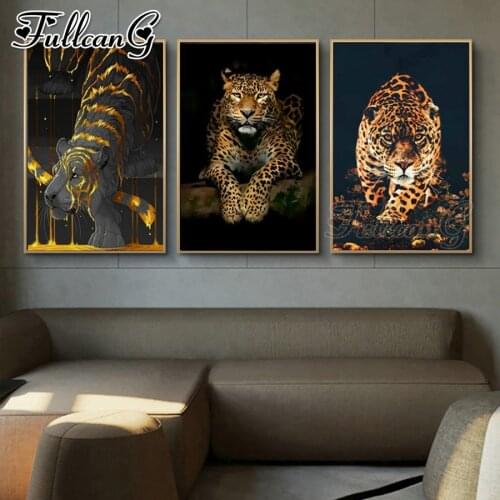 FULLCANG 5d diy diamond embroidery sale animals Leopard Jaguar diamond painting triptych full square round drill decor FC3392