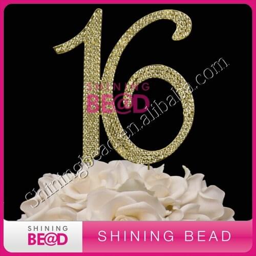 Free shipping,golden number 16 rhinestone cake topper, hot sale number cake topper for birthday party