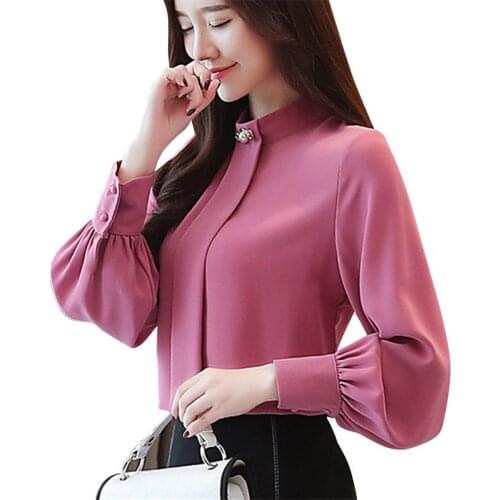 Fashion womens tops and blouses beading stand collar office Lady blouse women chiffon blouse shirt long sleeve women shirts