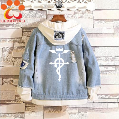 Cosroad Fullmetal Alchemist Cosplay Denim Jacket Edward Elric Costume Hoodie Men Women Halloween Hooded Jeans Coats
