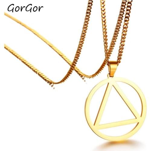 GorGor Trendy Classic High Quality Stainless Steel Gold Color Round Triangle Pendant Necklace for Vinatge Ladies Gift PN-838