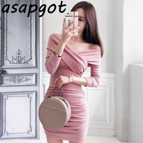 Korean Chic Fashion Sexy V Neck Off The Shoulder Pink Knitted Dress Mini Elegant Slim Pleated Wrap Hip Black Sweaters Dress Wild