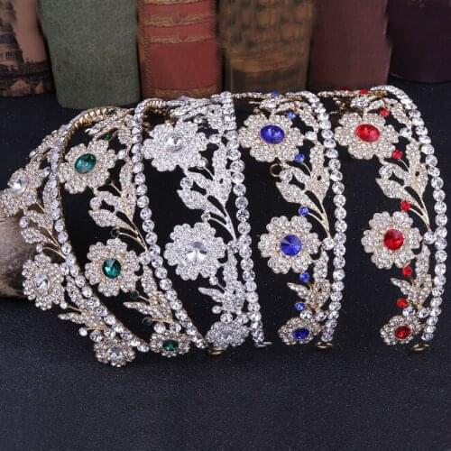 Red Green Blue Crystal Flower Bridal Tiaras Crown Gold Pageant Rhinestone Veil Tiara Headband Wedding Hair Accessories for women