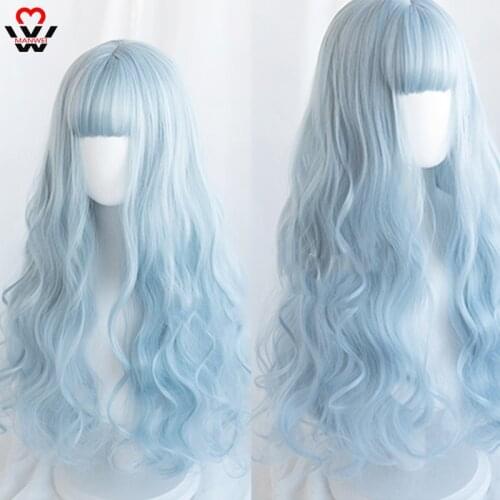 MANWEI Lolita 70CM Long Curly Blue Ombre Heat Resistant Bangs Cute Party Synthetic Cosplay Wig