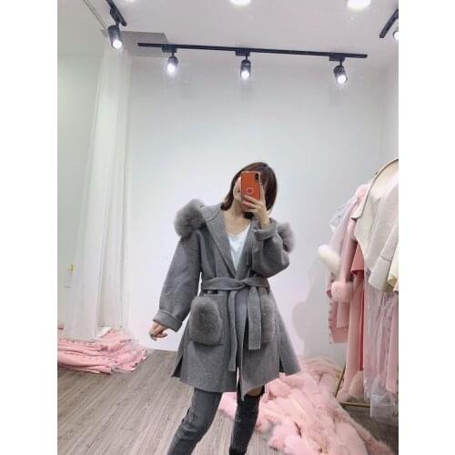 MENINA BONITA Real Fur Coat Winter Jacket Women Natural Fox Fur Collar Pocket Cuffs Hood Cashmere Wool Woolen Oversize Outerwear