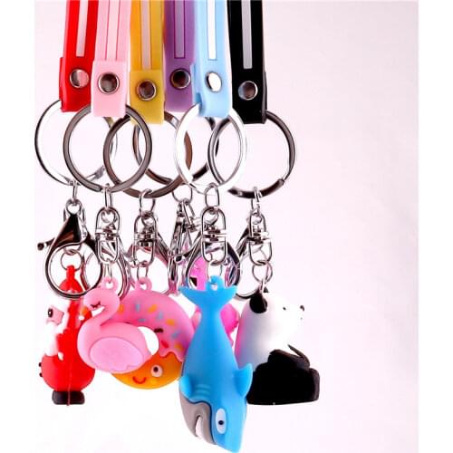 Cute Key Chain Colorful Flamingos Donuts Charms Rubber Hand Rope Keychain Soft Kawaii Squishy Keyring Women Girl Bag Jewelry
