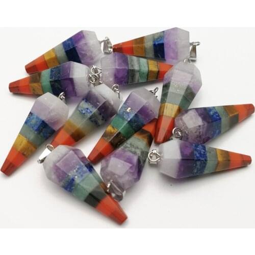 Rainbow 7 Chakra Layered Tiger eye Purple Crystal stone Hexagonal pyramid shape pendants for jewelry making 8pcs/lot wholesale