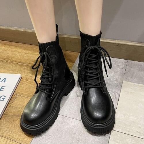 Lucyever Autumn New Lace-up Motorcycle Boots Women 2021 Stretch Fabric Platform Ankle Boots Woman Comfort Med Heel Booties Mujer