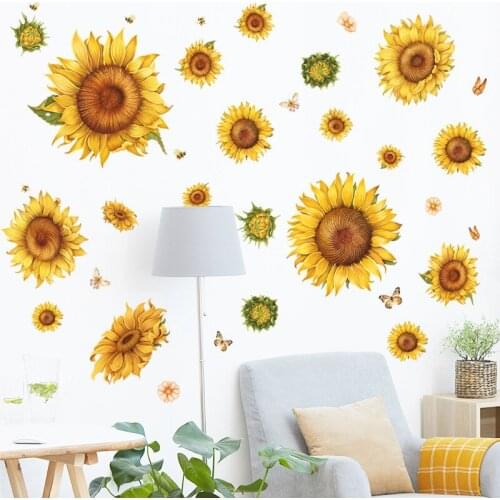 Sunflower Wall Sticker 3D Butterfly Yellow Flower Waterproof Sunflower Decorative Mural For Kindergarten Childrens Bedroom