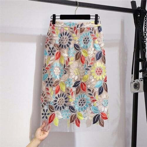 Bodycon Skirt Women Sexy Party Floral Embroidery Lace Pencil Skirt Office Ladies High Waist Knee Length Mesh Skirts