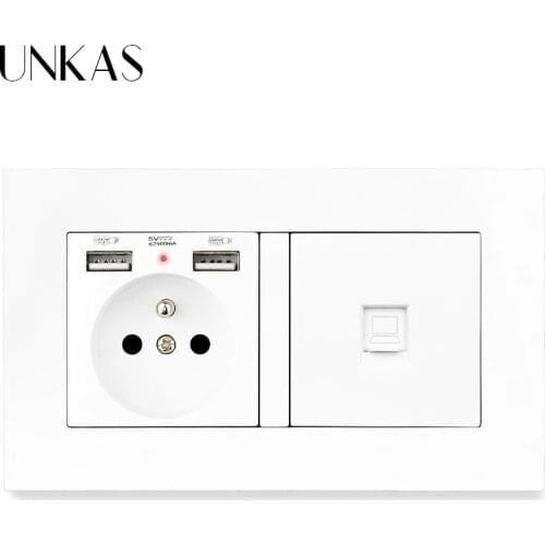 UNKAS PC Plastic Panel Gray French Standard Power Socket Grounded With Female RJ45 Computer Jack Dual USB For Mobile Grey Outlet