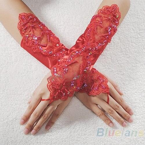 Sexy Bride Party Fingerless Pearl Lace Satin Gloves Costume