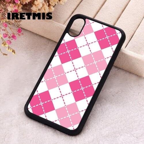 Iretmis 5 5S SE 2020 Phone Cover Case for iPhone 6 6S 7 8 Plus X Xs XR 11 12 Mini Pro Max Silicone Pink Argyle