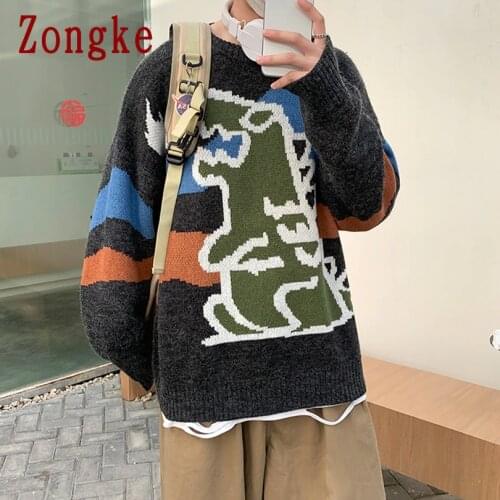 Zongke Knitted Sweater Men Winter Mens Clothes Pullover Mens Sweaters White Harajuku Sweater Little Monster Print 2021 M-2XL