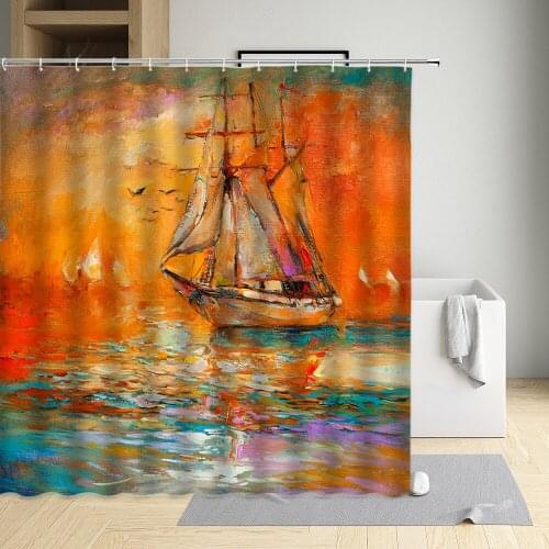 Oil Painting Shower Curtain Sailing Boat Lavender Sunflower Hanada Polyester Waterproof Cloth Bathtub Decor Screen Can Be Washed