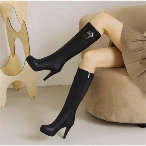 YMECHIC Sexy Round Toe Knee High Boots Women 10cm High Heels High Botas Black Zipper Autumn Winter Ladys Shoes large Size 34-43