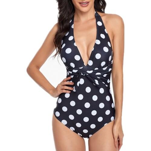 Sexy Ruffled Swimwear Women Dot Print Deep V Neck Push Up One Piece Swimsuit Summer Criss-Cross Hollow Out Bodysuit Monokini