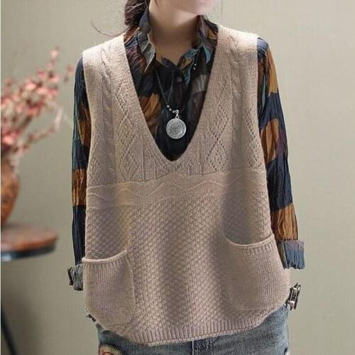 Spring Autumn Hollow Vest Womens Knit Jacket Loose V-neck Pocket Knit Sweater Waistcoat Lady Sleeveless Pullover Vest Top aq833