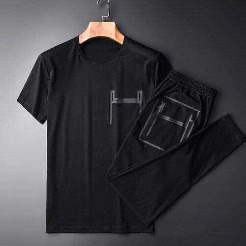 21C Summer Short-sleeved Sets (t-shirts + Pants ) Hight Quality Slim Casual Printed T-shirts 2pices Black Pants Plus Size 4xl