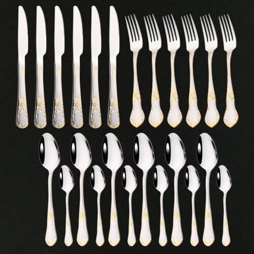 24Pcs Gorgeous Gold Dinnerware Stainless Steel Tableware Cutlery Set Kitchen Spoon Knife Fork Flatware Silverware Antique Style