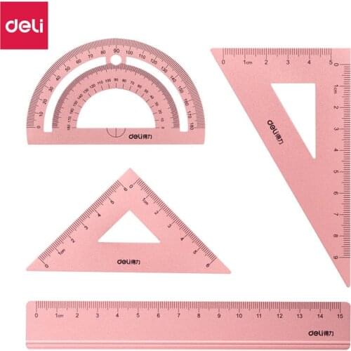 4 pieces / set of metal ruler aluminum set ruler pink blue silver ruler protractor triangle ruler standard test drawing ruler