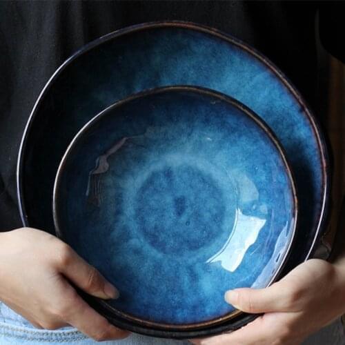 Japanese Style Ceramic Bowl Noodle Soup Ramen Bowl Tableware Fruit Salad Bowls Set Dark Blue Kitchen Decoration миски рамен