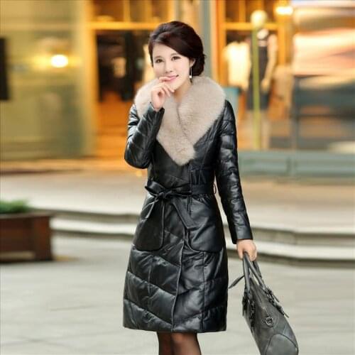 Leather Womens Jacket Winter 2020 Warm Down Cotton Faux Fox Fur Collar Leather Jackets Long Plus Size Faux Leather Jacket HJ567