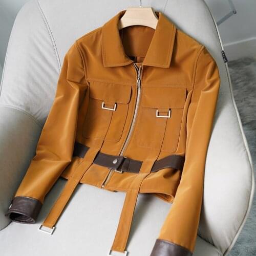 MENINA BONITA 2021 New Safari Spring Autumn Casual Women Real Genuine Sheepskin Leather Jacket Coat Turn Down Collar Belt