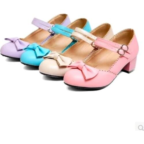 Princess Sweet Round Toe Lace Bow Anti-slippy Square Mid Heel Single Sandal Women Pumps Party Dress Girl Buckle Shoes Cinderella