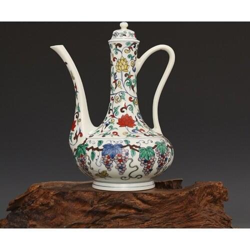 Mingchenghua Hand Painted Blue and White Doucai Twine Grape Pattern Handle Pot Wine Pot Antique Porcelain Antique Antique