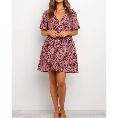 Fashion Button Up A Line Mini Dress Leopard Print Short Sleeve V Neck High Waisted Dresses Pockets Streetwear 2021