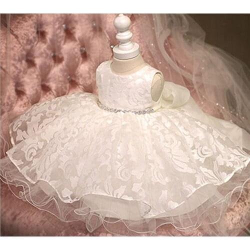 Fancy White Tulle Beads Bowknot Flower Girl Gown for Princess Party Formal Dresses Kids Girls Wedding Evening Pageant Clothing