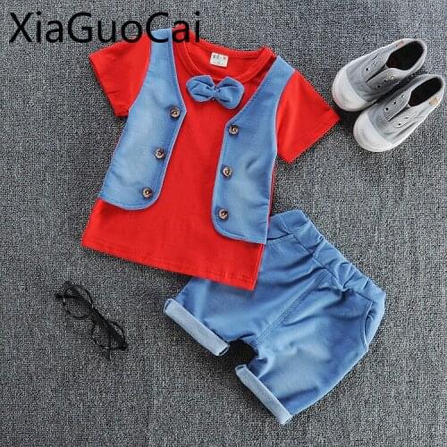 Cheap High Quality Kids Suits Patchwork Boys T-shirts O-neck Fashion Children Sets for Spring Casual Shorts