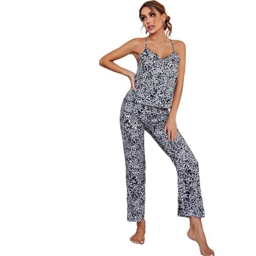 Animal Print Pajamas Set V-neck Vest with Longs Soft Loungewear Leopard Top and Panty Summer Sleepwear