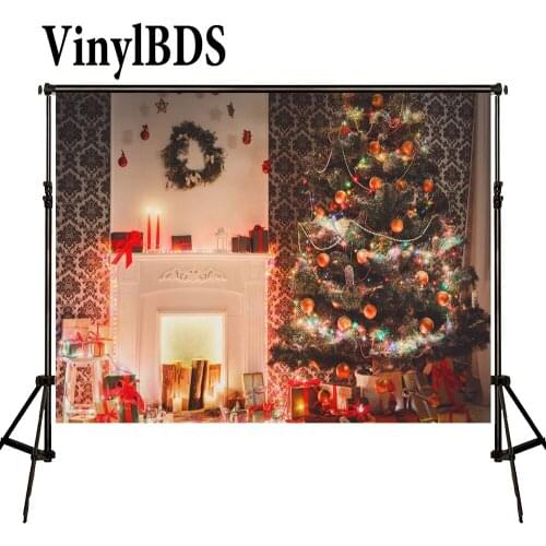 VinylBDS Christmas Backdrops Fireplace Garland Backdrop Christmas Tree Background Backdrop Newborn Children Photography