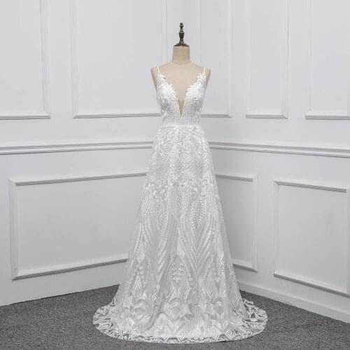 YQLNNE Lace Aline Wedding Dress 2018 Vestido De Noiva Spaghetti Back Zipper Sweep Train Bridal Gown