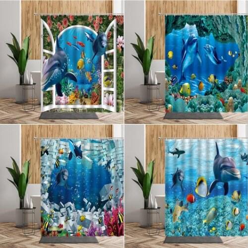 Funny Ocean Dolphin Shower Curtains Colored Deep Sea Fish Home Decors Accessories Waterproof Bath Screen 3D Bathroom Curtain Set