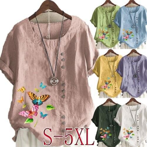Womens New Fashion Linen Shirt Round Neck Short Sleeve Butterflies Printed T-shirt Summer Ladies Casual Plus Size Blouse Tops