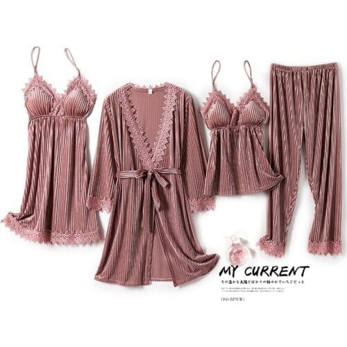 Women Sleepwear Velour Bathrobe Kimono Gown 2021 Autumn New 4PCS Pajamas Suit Soft Velvet Nightwear Pyjamas Home Clothes