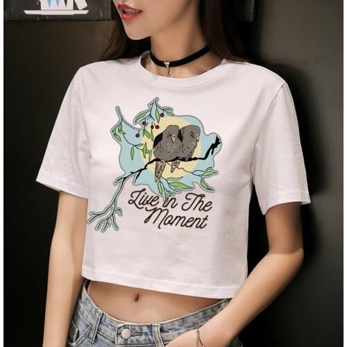 Women Flower Short Sleeve T-shirts Sweet Cropped Girls T-shirt Elegant Round Neck Short Tops Female Summer Golden Letters