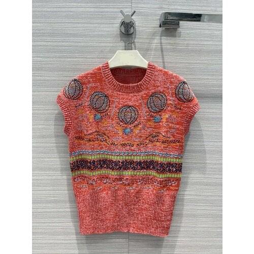 Cashmere 2021 Early Spring Women Luxury Brand New Totem Hot Air Balloons Embroidery Orange Slim O-Neck Sleeveless Coat Vest