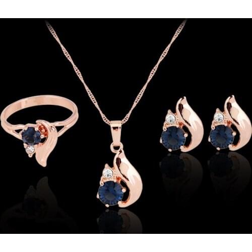 Fashion New Woman Luxury Rose Gold Jewelry Set Blue Austrian Crystal Earring ring Necklace Bridal jewelry sets