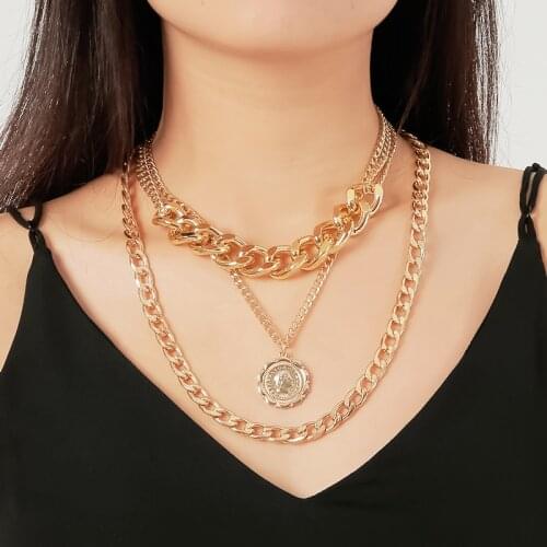 Punk Metallic Chain Head Portrait Face Coin Pendant Golden Silver Plated Aluminum Alloy Three-Layer Choker Necklace for Women