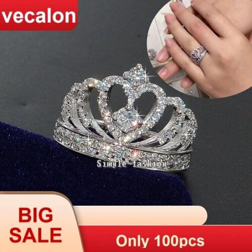 Vecalon Crown Style Women Fashion Jewelry ring AAAAA Zircon Cz 925 Sterling Silver Engagement wedding Band ring for women