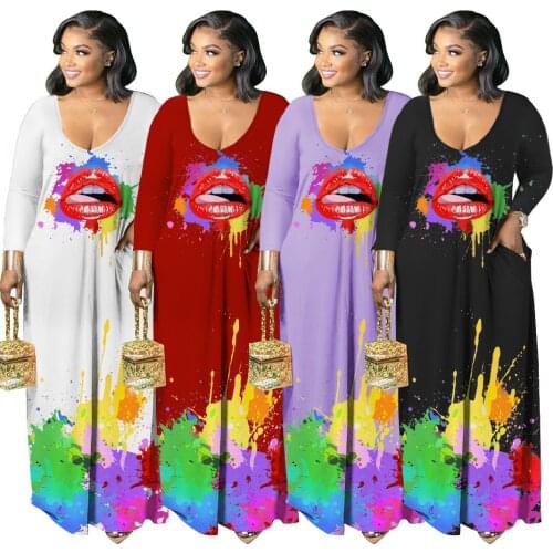 Sexy Lips Print Black Dress for Women 2021 Robe Casual O Neck Long Sundresses Summer Beach Long Sleeve Party Girl Maxi Dress