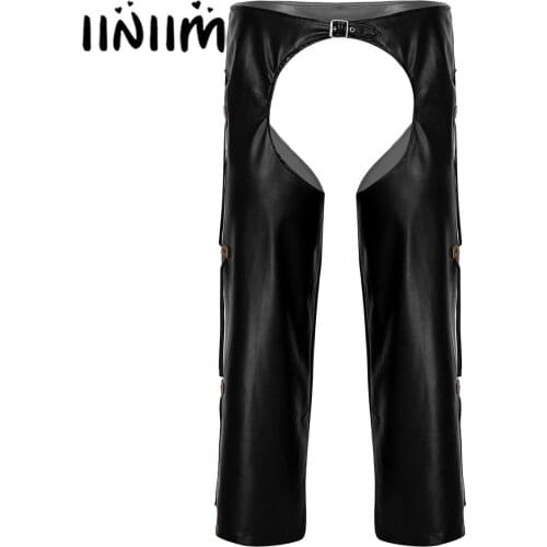 2Pcs Mens Lingerie Faux Leather Crotchless Zippered Tight Pants Leggings Trousers with G-string Stage Performance for Club Party